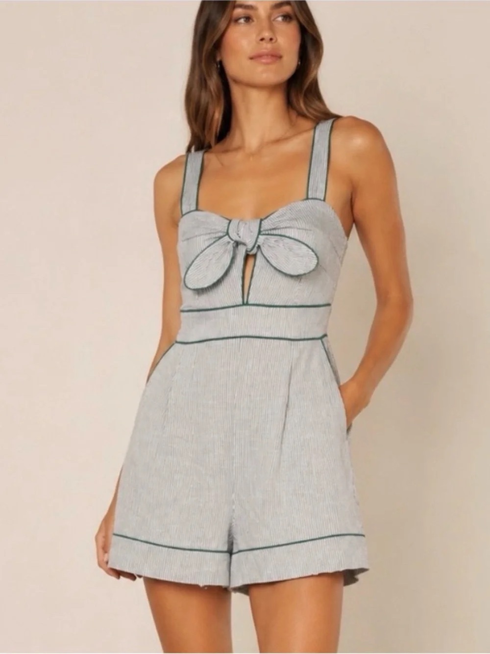 CAROLINE CONSTAS LINEN BLEND STRIPE TIE FRONT RESORT ROMPER Green White S